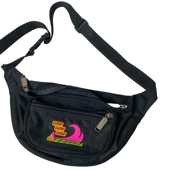 Bijoux black fanny pack Surf Patch Canvas Classic 3 Zippers 2 front 1 back - Picture 1 of 6